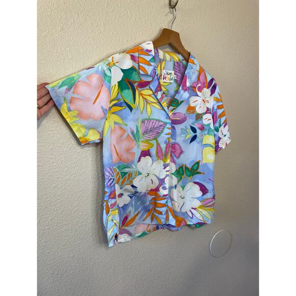 Jams World Colorful Tropical Watercolor Floral Casual Button Up Blouse Large - Picture 3 of 10